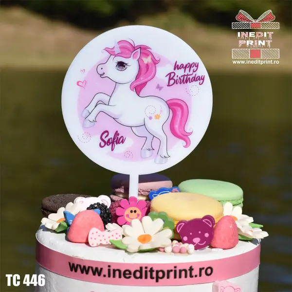 Topper Tort UV Personalizat UNICORN TC446 15x15cm, Plexiglass alb