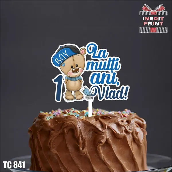 Topper Tort UV Personalizat Ursulet TC841 10x10cm, Plexiglass alb