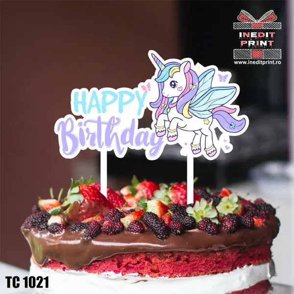 Topper Tort UV Unicorn Happy Birthday TC1021 13x13cm, Plexiglass alb
