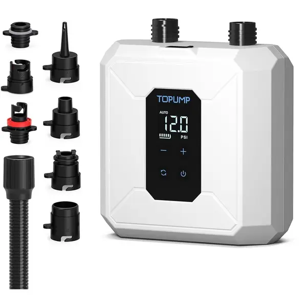 Topump Pompa electrica cu acumulator Topump D28PRO pentru SUP, Caiac, Kite, Saltea, 20PSI, 2600mAh, 2 etape umflare, Umflare-Dezumflare, 7 adaptoare, USB-C, Alb