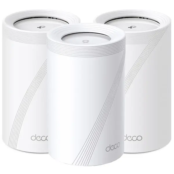 TP-LINK Sistem Mesh Wi-Fi TP-Link Deco BE65(3-pack), BE9300, Tri-Band, Wi-Fi 7, MLO, HomeShield, 4 porturi 2.5G, cu acoperire pentru intreaga casa