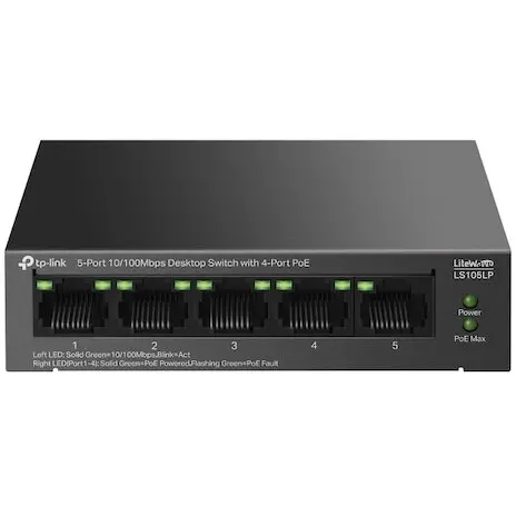 TP-LINK Switch TP-LINK LS105LP, 5x100Mbps (4xPOE), carcasa metalica, desktop, negru