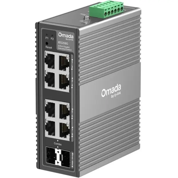 TP-LINK Switch TP-LINK Omada IES208G, 8 porturi Gigabit total, 6 porturi RJ45 de 10/100/1000 Mbps, 2 porturi combo RJ45/SFP, Management L2