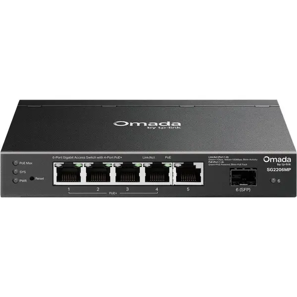 TP-LINK Switch TP-LINK Omada SG2206MP, 6 porturi RJ45, 1 port SFP, 4 porturi PoE+, 65 W, Viteza de transfer 10/100/1000 Mbps