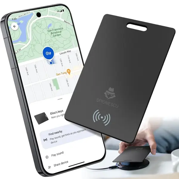 Tracker pentru portofel tip card, Bluetooth, compatibil Find My Device, incarcare wireless, alerta anti-pierdere, sunet 80-100 dB, autonomie 5 luni, IP68, design slim pentru portofel, negru