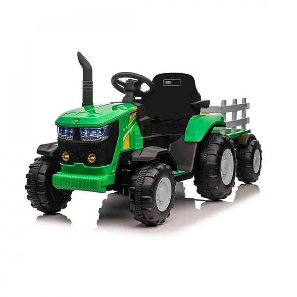 Tractor electric pentru copii Nichiduta Track Green 90W cu telecomanda 2.5G, Acumulator 12V, Remorca detasabila, Centura siguranta, Faruri cu lumini LED, Sunete,slot card, Roti late din plastic rezistent cu aparatori noroi