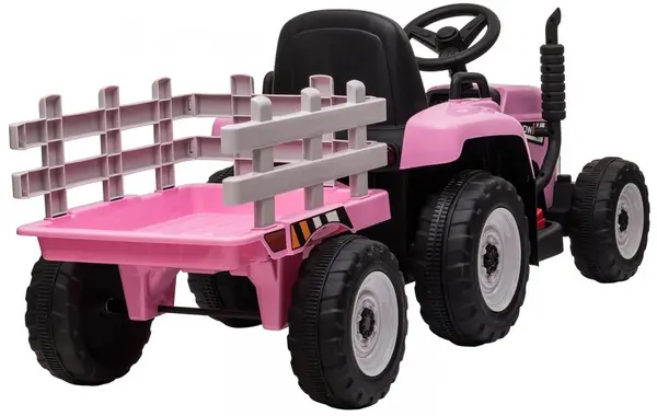 Tractor electric pentru copii Nichiduta Track Pink 90W cu telecomanda 2.5G, Acumulator 12V, Remorca detasabila, Centura siguranta, Faruri cu lumini LED, Sunete,slot card, Roti late din plastic rezistent cu aparatori noroi