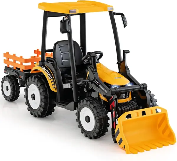Tractoras electric copii cu remorca si cupa, Power-Tractor 400W 24V, culoare galbena