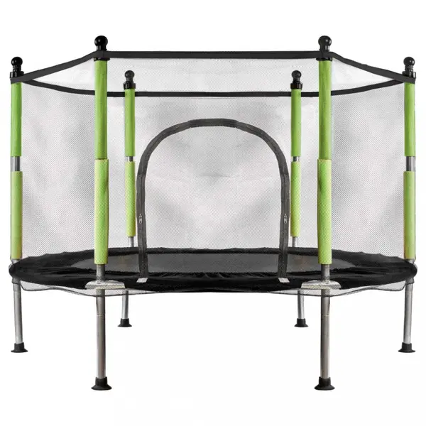 Trambulina de gradina pentru copii Ikonka BlackGreen, diametru 140 cm, cadru metalic solid, cu plasa de siguranta si intrare cu fermoar, 10 bilute multicolore incluse