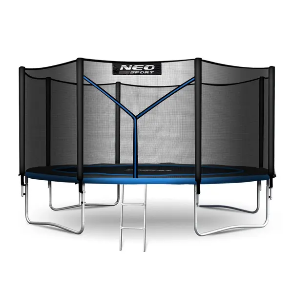 Trambulina de gradina pentru copii Neo-Sport Albastru 374cm 12FT cu Scara si Plasa de siguranta, Stalpi metalici cu protectie din burete, Intrare cu fermoar , Covoras impermeabil flexibil