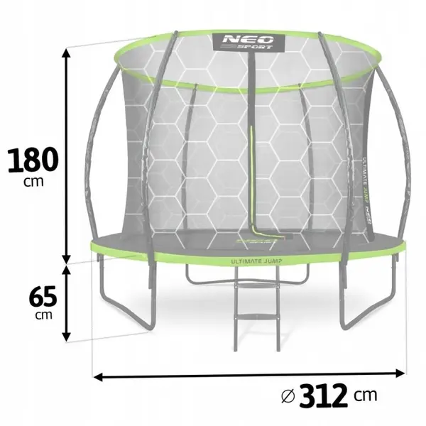 Trambulina de gradina pentru copii Neo-Sport Comb Verde 312cm 10FT,cu Scara si Plasa interioara, Stalpi metalici cu protectie din burete, Intrare cu fermoar si catarama, Covoras impermeabil flexibil