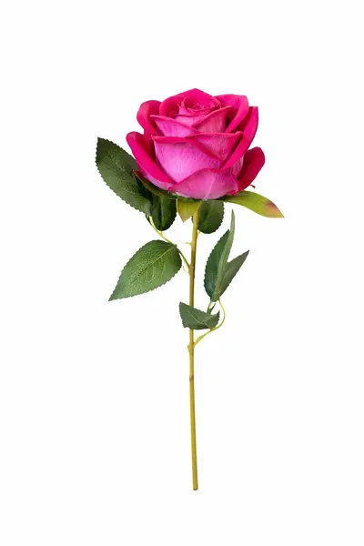 Trandafir artificial fucsia cu petale catifelate si frunze 46 cm calitate superioara