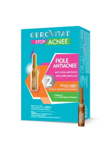 Tratament Antiacnee - Fiole Pentru Combaterea Coșurilor Cu Acid Salicilic Gerovital Stop Acnee, 10 Fiole X 2 Ml