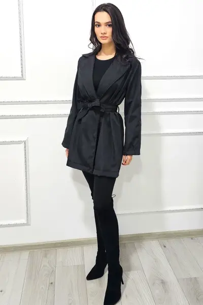 Trenci subtire de dama Marlene, cu inchidere tip cordon, Negru
