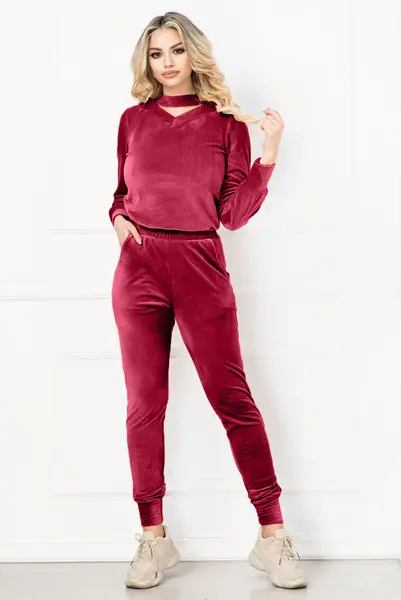 Trening bordo din catifea Priscilla cu banda in jurul gatului