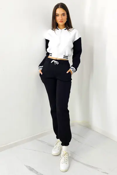 Trening bumbac vatuit College, bluza scurta cu fermoar si pantaloni, Negru