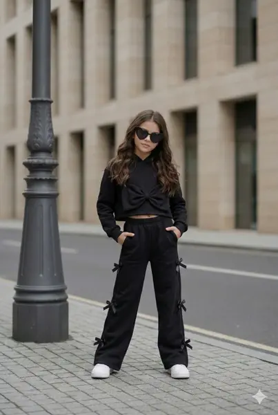Trening casual negru cu pantalon evazat pentru fete - Sidney