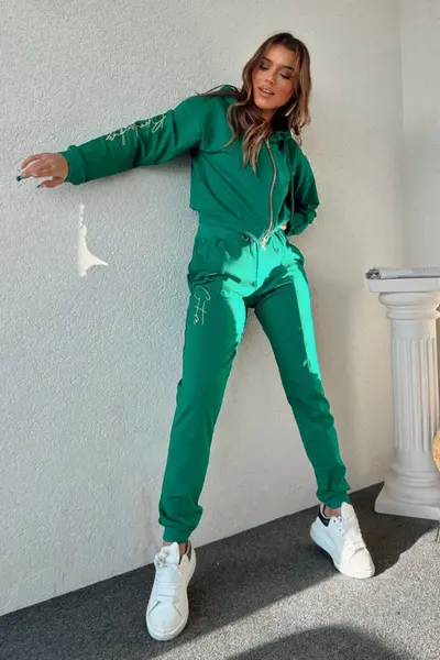 Trening cu bumbac Signature, cu text imprimat, bluza cu fermoar si pantaloni cu banda elastica la extremitati, Verde
