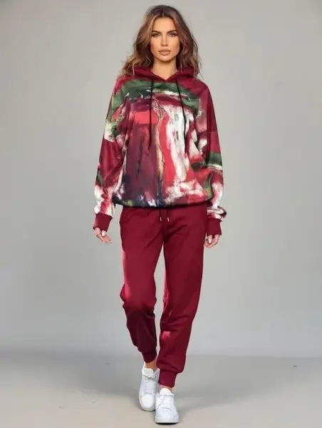 Trening dama din catifea cu hanorac imprimat si pantaloni jogger , bordo