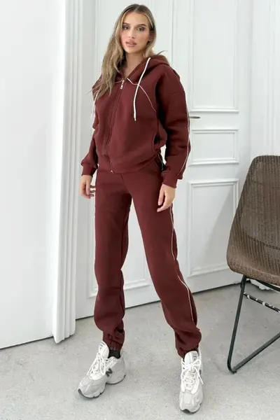 Trening vatuit, cu gluga, Zarah, bluza cu fermoar si pantaloni, Maro