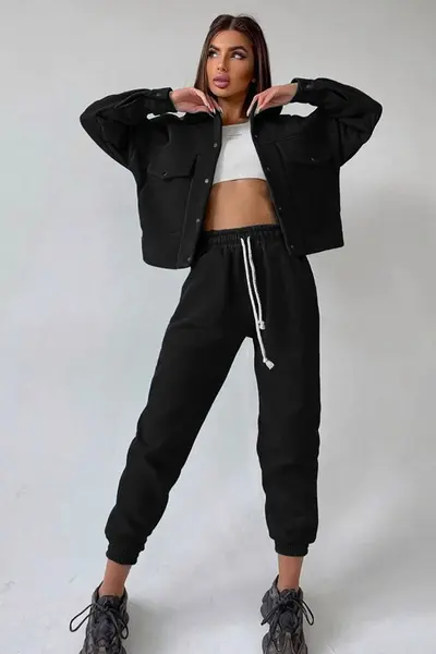 Trening vatuit dama, Arina, pantaloni lejeri si bluza cu capse, Negru