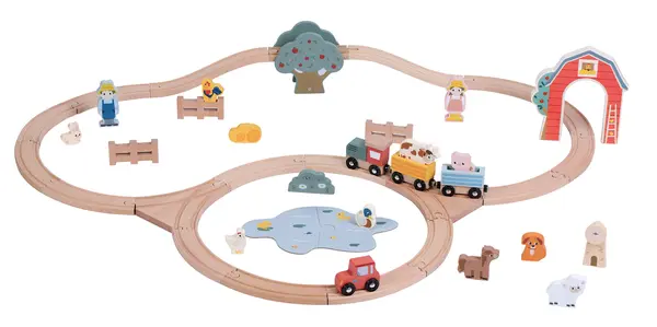 Trenuleț de lemn cu șine Viga Toys PolarB - Fermă, 30 piese