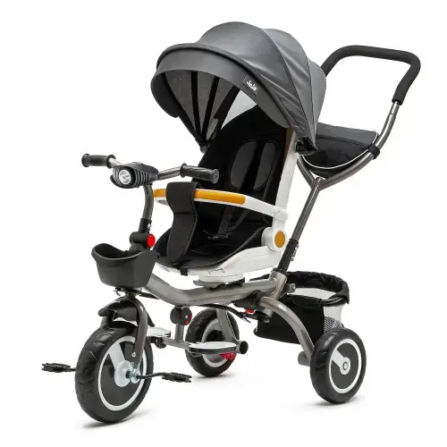 Tricicleta 3 in 1 Juju Bliss Ride, Pozitie de Somn, Reversibila, Far luminos, Muzica, Cos Depozitare, Gentuta, Protectie Raze UV, Cauciucuri Spuma EVA, Greutate Maxima Admisa 25kg, Gri