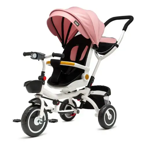 Tricicleta 3 in 1 Juju Bliss Ride, Pozitie de Somn, Reversibila, Far luminos, Muzica, Cos Depozitare, Gentuta, Protectie Raze UV, Cauciucuri Spuma EVA, Greutate Maxima Admisa 25kg, Roz