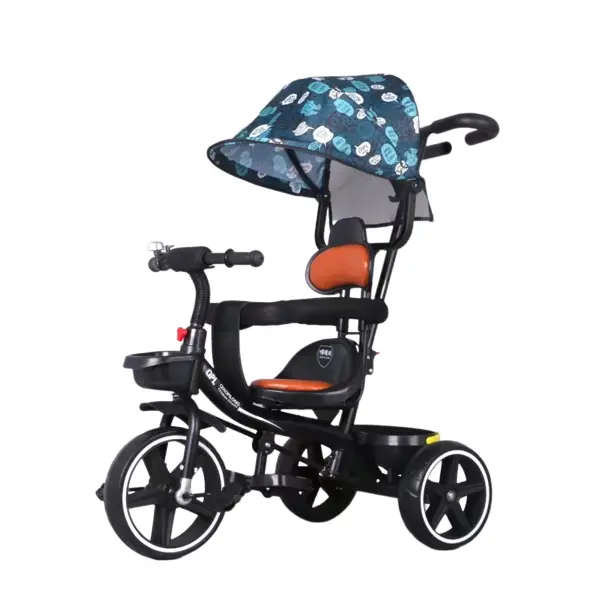 Tricicleta bebelusi cu copertina retractabila si maner parental pentru copii intre 2 si 6 ani, Albastra, 2 Pedale si suporturi pentru picioare, Sezut cu spatar reglabil, 2 cosuri depozitare