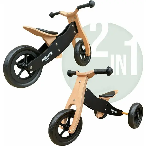 Tricicleta copii fara pedale Free2Move din lemn 2 in 1 Brown Black, transformabila in bicicleta de echilibru, varsta 1,6-3 ani, scaun reglabil pe inaltime, limitator de directie si roti silentioase