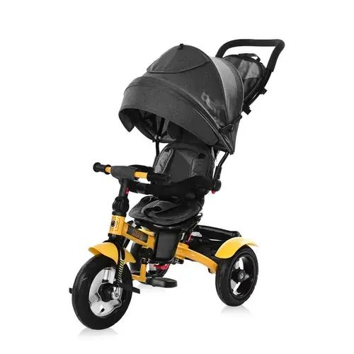 Tricicleta multifunctionala 4in1 Lorelli Neo Air, roti mari cu camera si aparatori, scaun 360 grade, spatar reglabil, cadru din otel, centura siguranta in 3 puncte, copertina pliabila, Galben/Negru