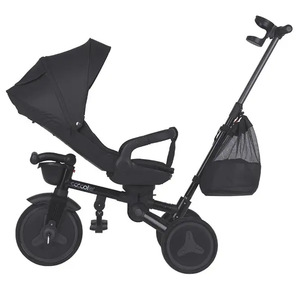 Tricicleta pentru copii Coccolle Urbio Plus Jet Black, ultrapliabila, scaun rotativ, controlul directiei, greutate admisa 25 kg