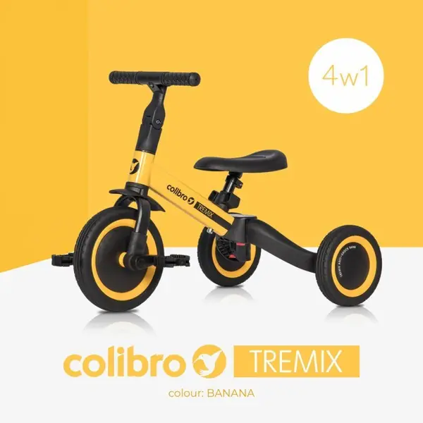 Tricicleta pentru copii Colibro Tremix banana Ride On transformabila 4 in 1, cu scaun reglabil, roti din cauciuc pana la 25 kg