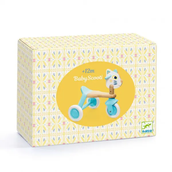 Tricicleta pentru copii din lemn fara pedale Djeco, recomandata copiilor de la 12 luni, inaltime ezut 24 cm