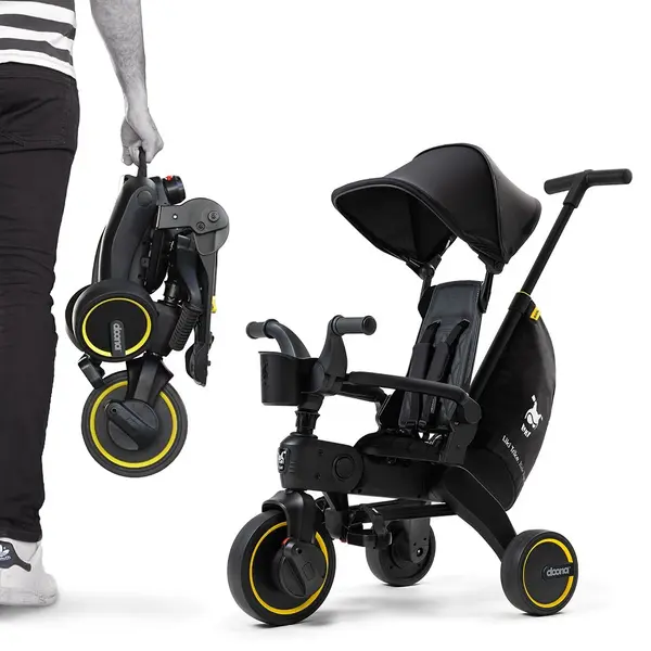 Tricicleta pentru copii Doona Liki Trike Midnight Editie limitata, ultrapliabila in 3 secunde, spatar reglabil,copertina cu protectie UV, frana de picior si roti din cauciuc Eva