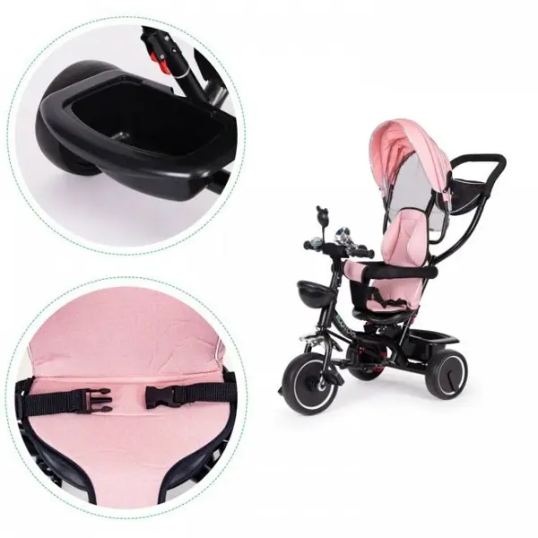 Tricicleta pentru copii Ecotoys JM-066-9 Roz cu sezut rotativ, de la 12 luni roti din spuma Eva, suport picioare, parasolar ajustabil si detasabil, centura de siguranta