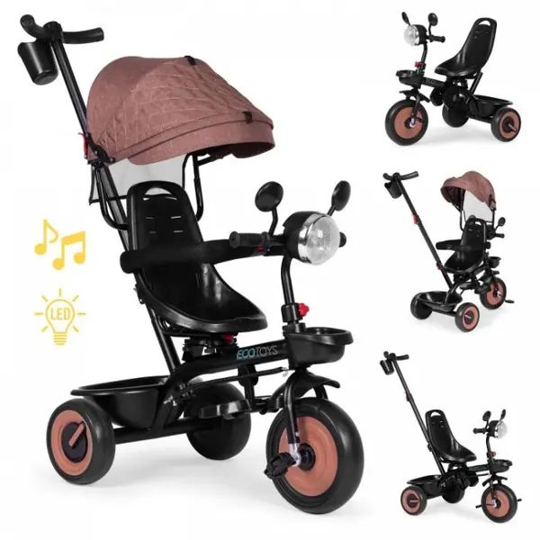 Tricicleta pentru copii Ecotoys WQL-066-51 Bej 3 in 1 cu scaun rotativ 360, roti din spuma EVA