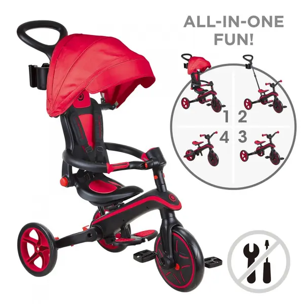 Tricicleta pentru copii Globber Explorer Rosu, 4 in 1 pliabila, maner pentru controlul directiei, scaun ajustabil pe inaltime, suport pentru picioare, roti din cauciuc Eva, sistem roata libera, de la 10 luni