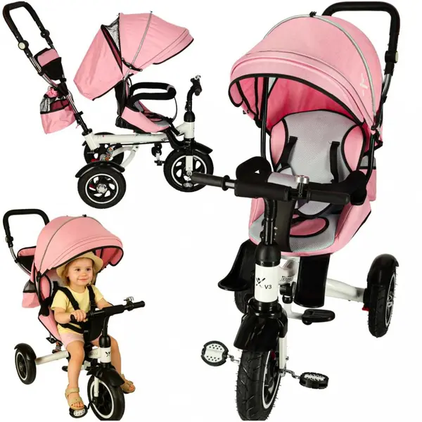 Tricicleta pentru copii Ikonka Trike Fix V3 Pink, cu scaun rotativ 360 si control parental, pozitie somn, suport picioare, amortizor spate, 2 seturi suport picioruse, Roti cauciuc EVA