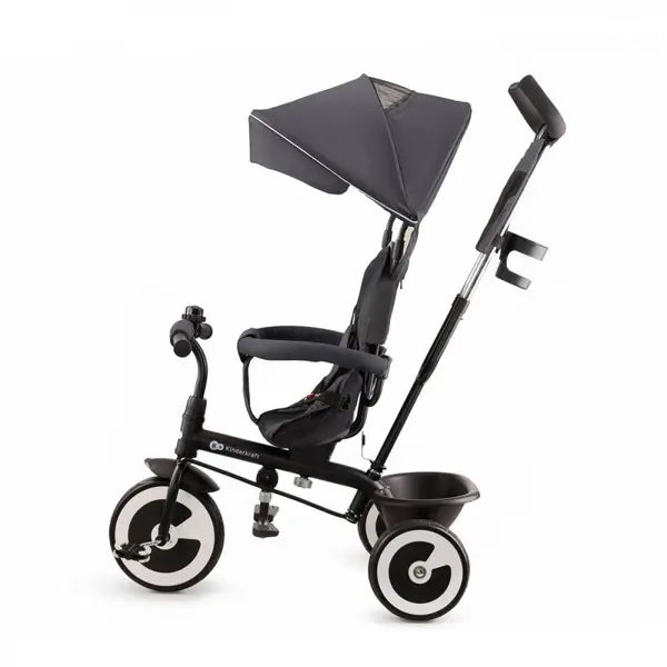 Tricicleta pentru copii Kinderkraft Aston Malachite Grey cu sezut reversibil, roti din spuma Eva, suport pentru picioare, copertina XXL, frana pe rotile din spate, de la varsta de 9 luni