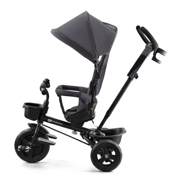 Tricicleta pentru copii Kinderkraft Aveo Malachite Grey de la 9 luni, cu sezut rotativ, suport pentru picioare, maner cu control al directiei, gentuta si cos pentru accesorii