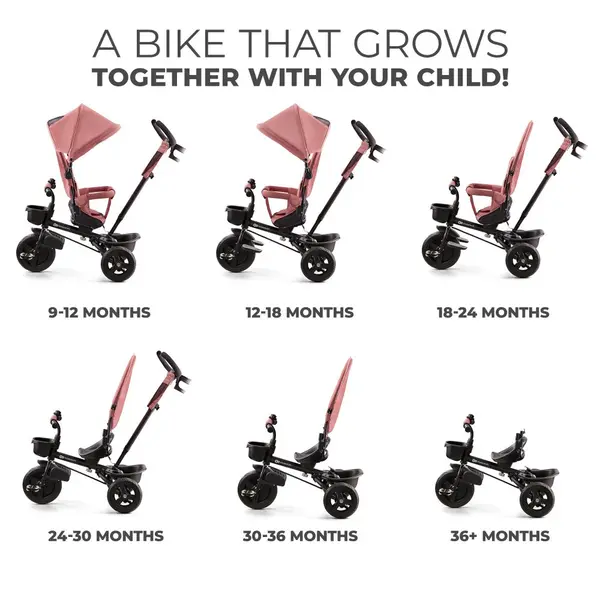 Tricicleta pentru copii Kinderkraft Aveo Rose Pink de la 9 luni, cu sezut rotativ, suport pentru picioare, maner cu control al directiei, gentuta si cos pentru accesorii