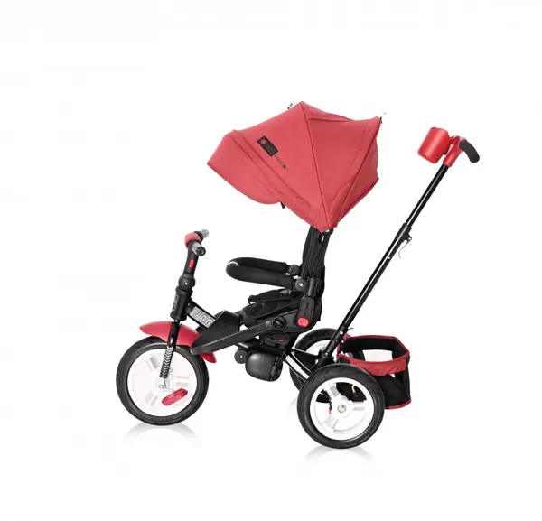Tricicleta pentru copii Lorelli Jaguar Air Wheels Red Black 4 in 1 multifunctionala, cu maner cu control parental, scaun rotativ, spatar reglabil pe 2 pozitii, roti mari silentioase, din cauciuc cu camera