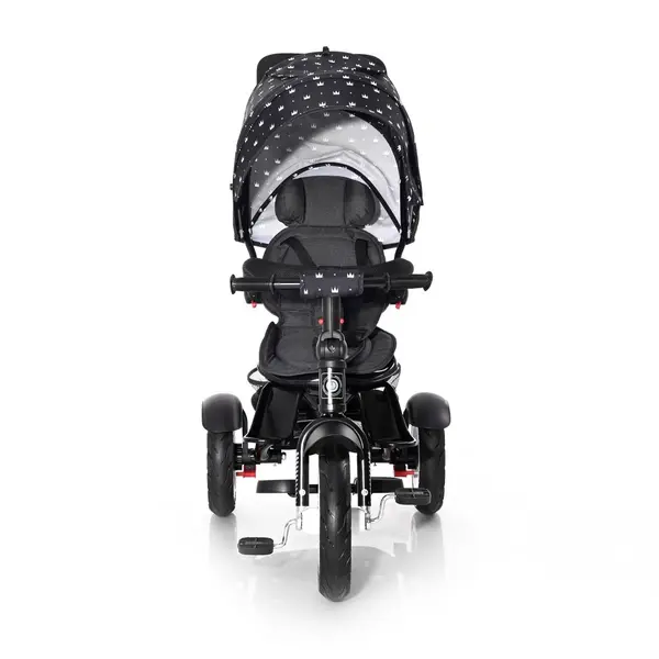 Tricicleta pentru copii Lorelli Neo Air Black Crowns 4 in 1 multifunctionala, roti mari gonflabile, spatar inalt reglabil, sezut rotativ, 2 tipuri de suport pentru picioare si dispozitiv de franare