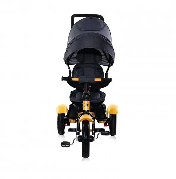 Tricicleta pentru copii Lorelli Neo Air Yellow Black 4 in 1 multifunctionala, roti mari gonflabile, spatar inalt reglabil, sezut rotativ, 2 tipuri de suport pentru picioare si dispozitiv de franare