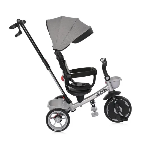 Tricicleta pentru copii Lorelli Revel Grey cu sezut rotativ la 360 grade 1-5 Ani, maner cu control al directiei, scaun confortabil cu husa moale, suport pentru picioare, sistem roata libera si roti mari din cauciuc Eva