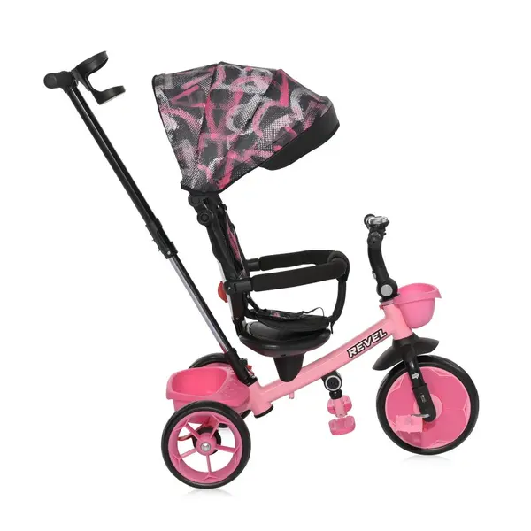 Tricicleta pentru copii Lorelli Revel Pink cu sezut rotativ la 360 grade, 1-5 Ani, maner cu control al directiei, scaun confortabil cu husa moale, suport pentru picioare, sistem roata libera si roti mari din cauciuc Eva