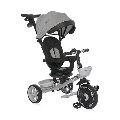 Tricicleta pentru copii Lorelli Revel, sezut rotativ, maner control parental, centura siguranta, roti spuma EVA, copertina pliabila si detasabila, 1-5 Ani, Gri
