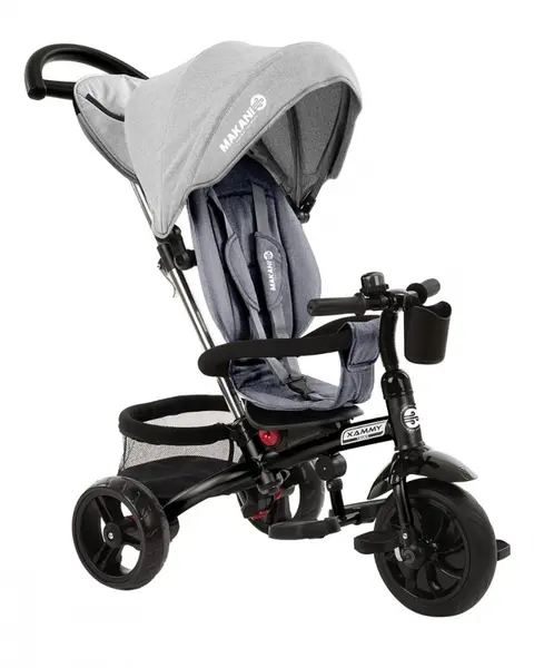 Tricicleta pentru copii Makani Xammy Light Grey multifunctionala, cu spatar reglabil, maner cu control al directiei, roti din cauciuc Eva, suport pentru pahar si gentuta accesorii
