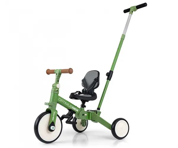 Tricicleta pentru copii Milly Mally Optimus Max Green 5 in 1 reglabila, maner parental, roti din spuma, varsta 12 luni+